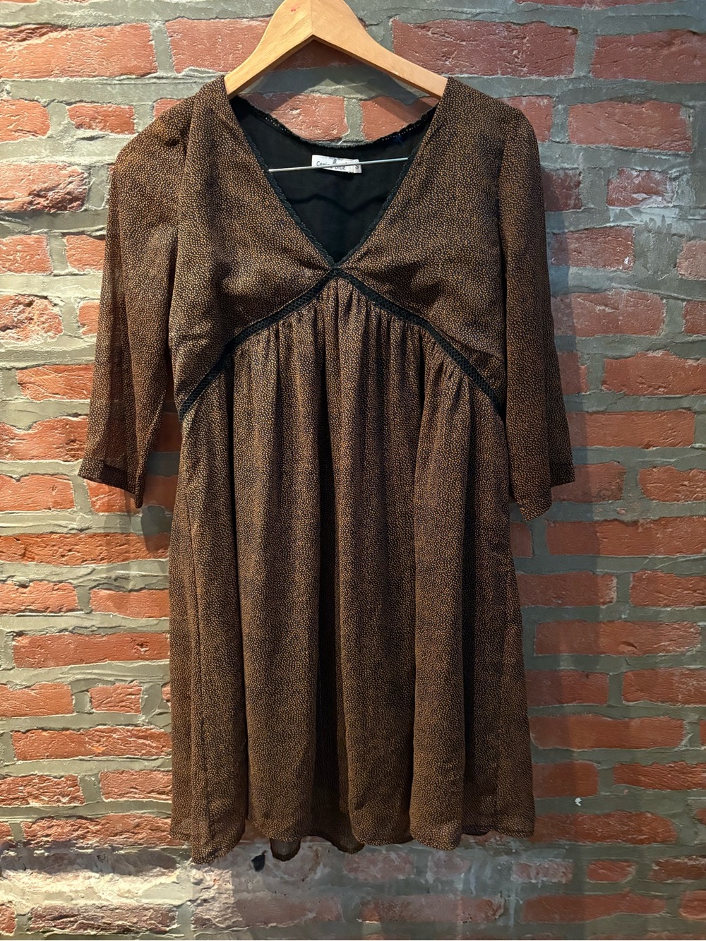Empire Waist Brown Midi Dress with V-Neck